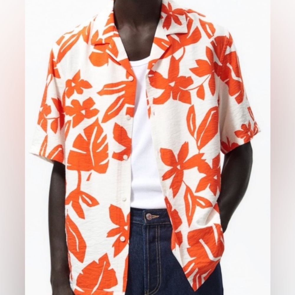 ZARA Hawaiian Shirt Mens Short Sleeve V Neck Palm Fronds Size Small